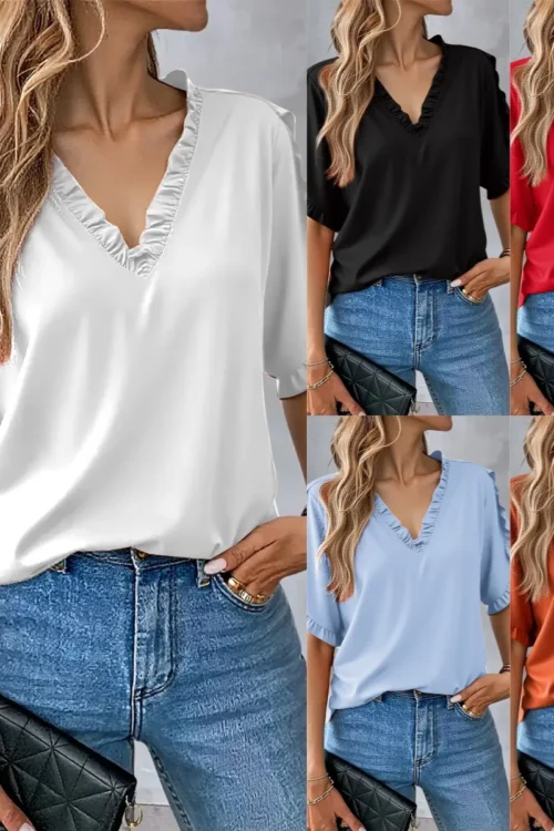 Women Blouse Top Summer 2025 Office Lady V Neck Butterfly Sleeve Solid Color Folds Ruffles T Shirt Female Casual Basis Tops