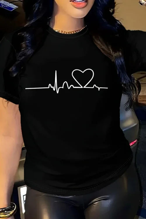 Heart Print T-shirt Short Sleeve Crew Neck Casual Top For Summer & Spring Women’s Clothing y2k top