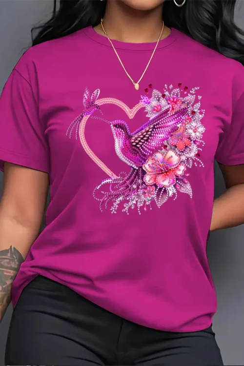 Floral Hummingbird Heart Women’s Tee – Boho Graphic, Casual Pink Top